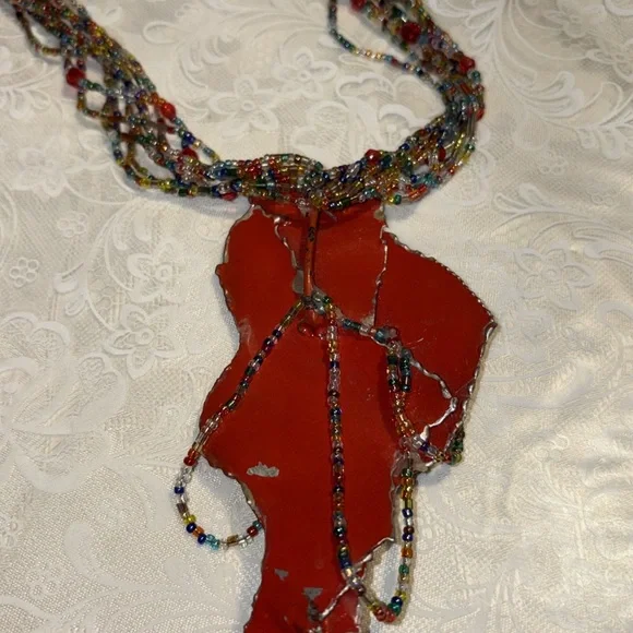 Handcrafted used multicolor Beaded Necklace w/lg. red metal hang dec. 8 strands - Picture 9 of 10